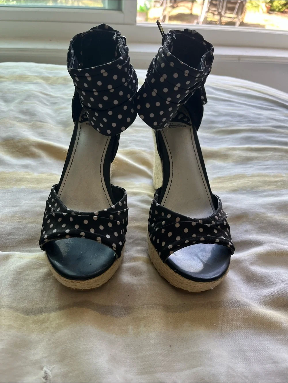 Fergalicious Black Polka Dot Ankle-Wrap Wedge Sandals